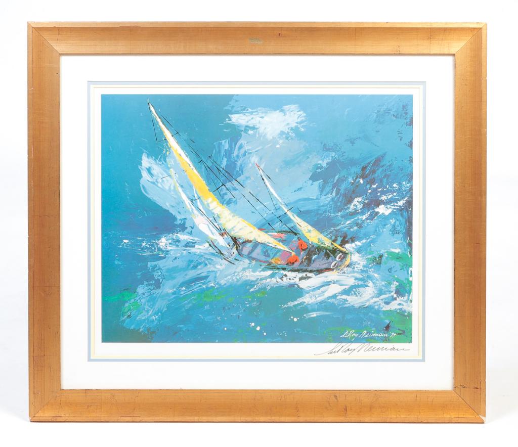 SAILING PRINT, LEROY NEIMAN.: American, dated 1977. Colorful off set lithograph signed lower right with certificate of authenticity on back. Matted and framed, 32"h. 36.5"w.
