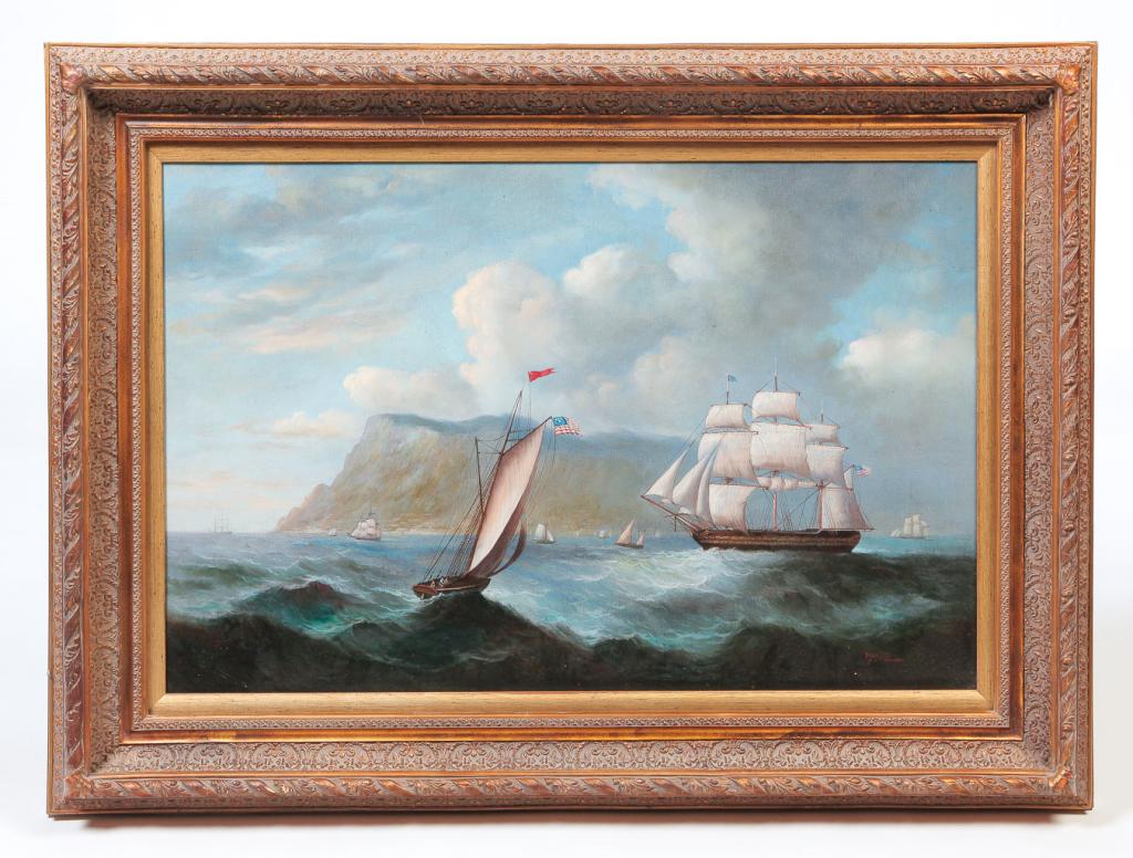 SEASCAPE SIGNED "MARTE".: European, 20th century. Oil on canvas. Various sailing ships including two flying 1814 American flags, a three masted warship and single masted schooner against what looks like Gibralter. 24"h. 36"w.,