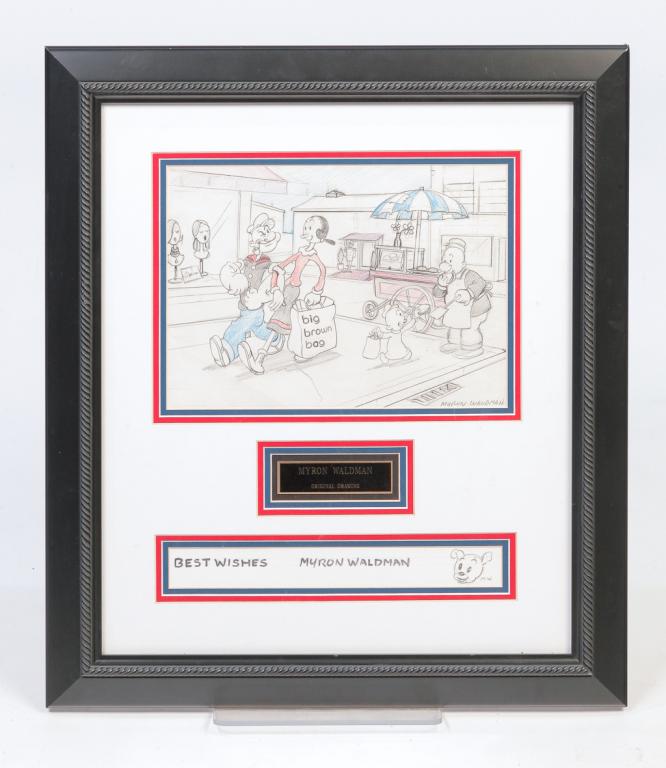 POPEYE DRAWING BY MYRON WALDMAN.: American, 2nd half 20th century. Pencil and colored pencil with Popeye, Olive Oyle, Sweet Pea and Wimpy. Comes with certificate of authenticity. Matted and framed, 23.5"h. 20.5"w.