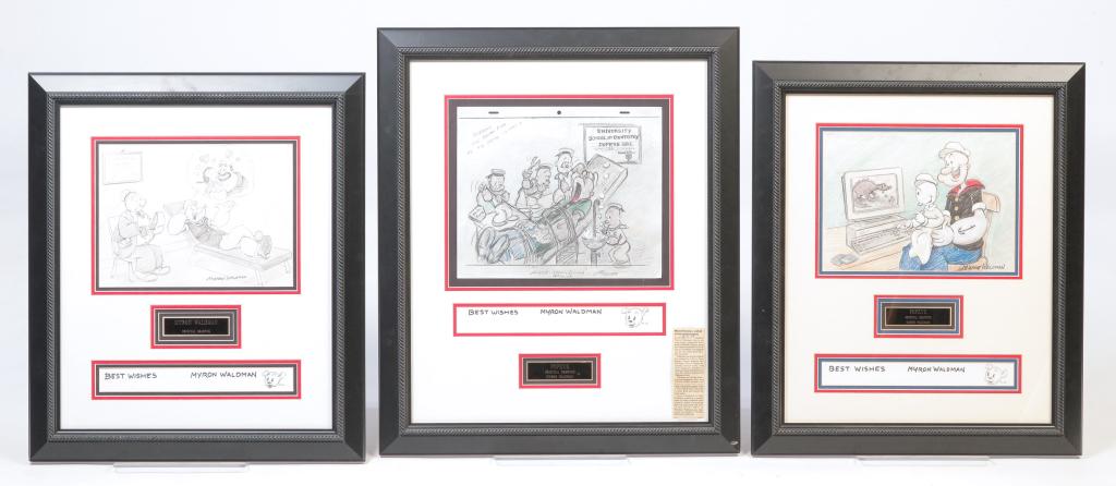 THREE POPEYE DRAWINGS BY MYRON WALDMAN.: American, 21st century. Popeye and Sweet Pea, 24"h. 20.5"w., Popeye, Wimpy, Olive Oyle and Bluto, 23.5"H. 20.5"w. And Popeye and his nephews, 26.25"h. 22"w. Comes with certificate of authenticity.