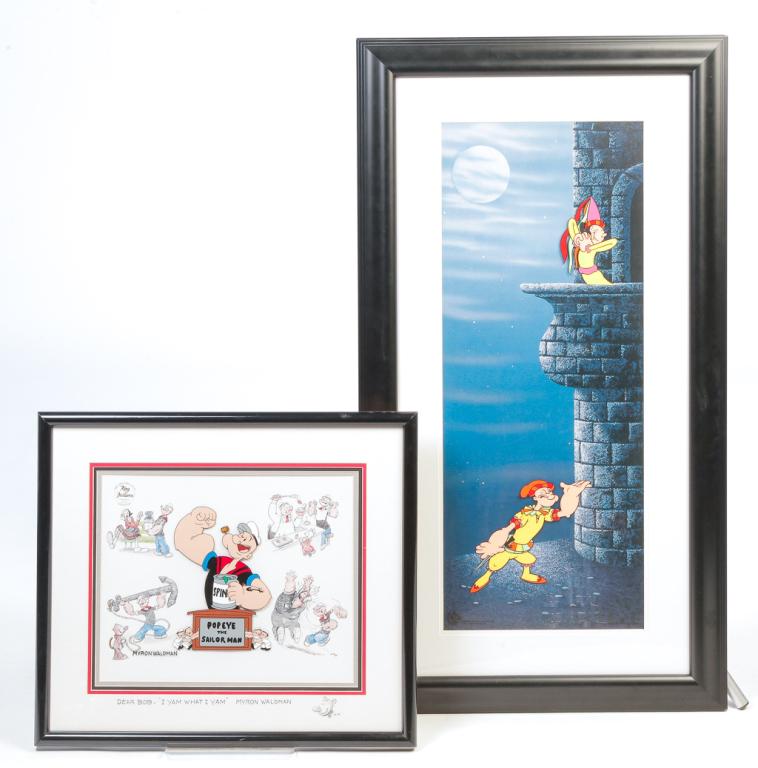 TWO AMERICAN POPEYE CELS.: Dated 1977. "I Yam What I Yam". Four 4-color corner background scenes and central cel. Numbered AP 10/25, and autographed on mat "Dear Bob I Yam what I Yam, Myron Waldman". Matted and framed with cert
