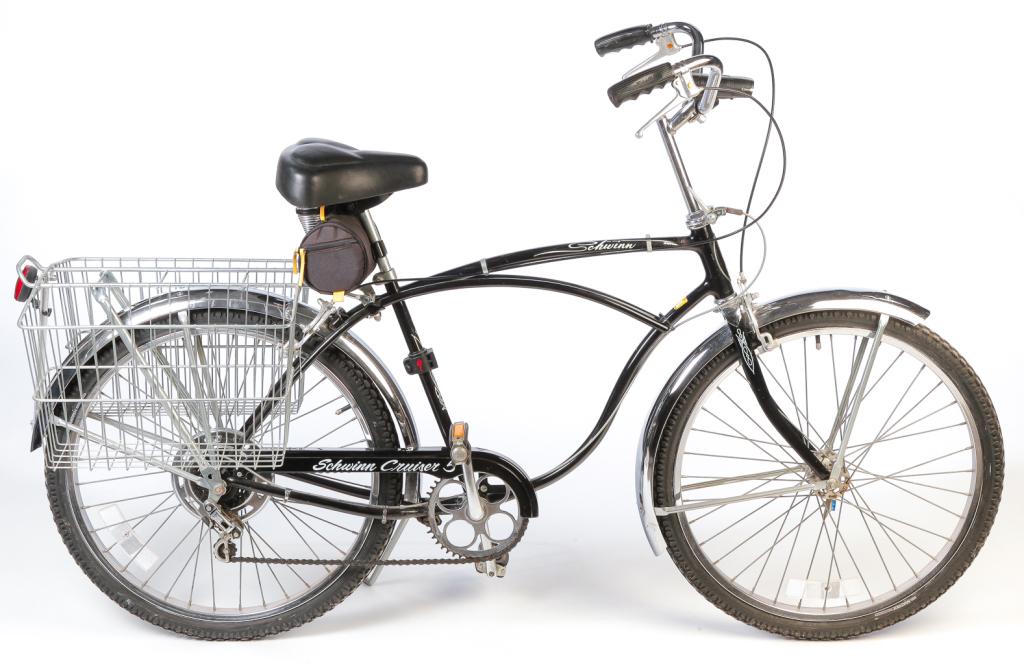 AMERICAN SCHWINN CRUISER BICYCLE.: 1980, last production in Chicago. Black frame, chrome fenders, wheels and handlebars. 42"h. 69"l.