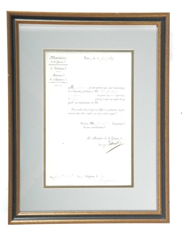 FRENCH MILITARY DOCUMENT.: Printed on laid paper and dated June 11, 1815. Signed by the Ministre de la Guerre (Minister of War), 2nd division infantry. Late frame, 18.75"h. 14.5"w.