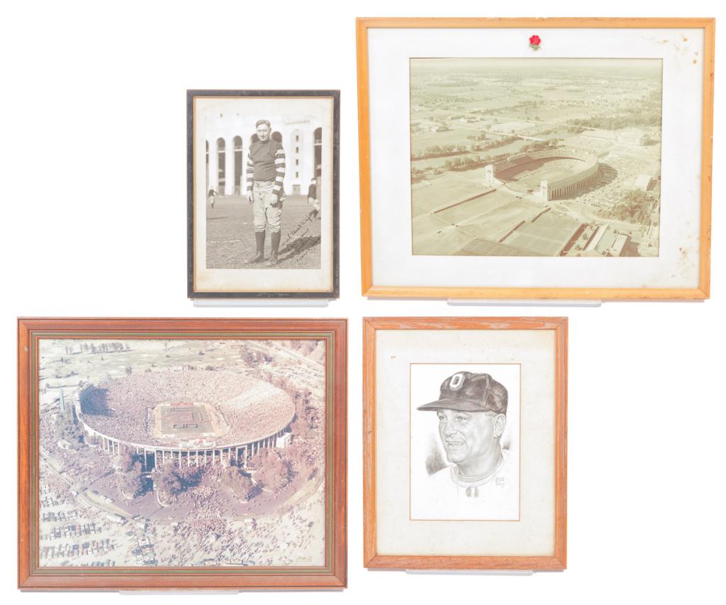 FOUR FRAMED OHIO STATE UNIVERSITY ITEMS.: Twentieth century. Signed photo of coach Francis Schmidt in football uniform, 12.75"h. 9.25"w., pen and ink portrait of Woody Hayes by "Seymour Marcus '57", 16"h. 13"w. and two photos of stadiums. The