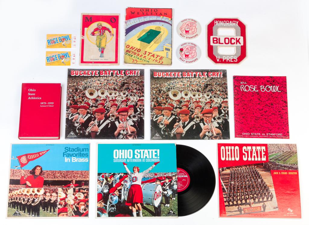GROUP OF OHIO STATE UNIVERSITY MEMORABILIA.: Twentieth century. Includes 1971 Rose Bowl pins, tickets and program, honorary block "O" vice president letter, 1921 and 1932 football programs, five marching band records and a book "Ohio State Athle