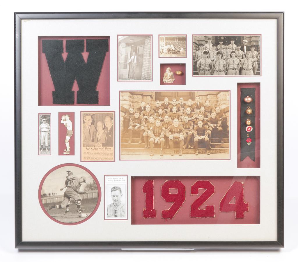 GEORGE STATEN FRAMED FOOTBALL ITEMS.: Third quarter 20th century. Early photos, baseball and football pins and Ohio Wesleyan varsity letter "1924" related to George Staten, Ohio State ticket director. Framed, 29.25"h. 25.75"w.