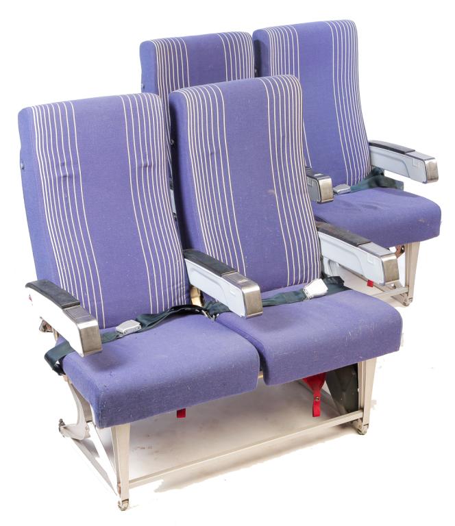 TWO BENCH SEATS FROM KOREAN AIRLINES.: Late 1970s. Two seats per bench, blue and silver upholstery with aluminum frames. 18" seat, 42"h. 42"w.