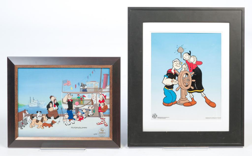 TWO AMERICAN POPEYE CELS.: Copyright 1999. Popeye family and friends boarding an excursion boat with Bluto captain. #41/2500. 16.25"h. 20.25"w. And popeye and Olive Oyl by a pilot wheel. Matted and framed, 25"h. 21"w.