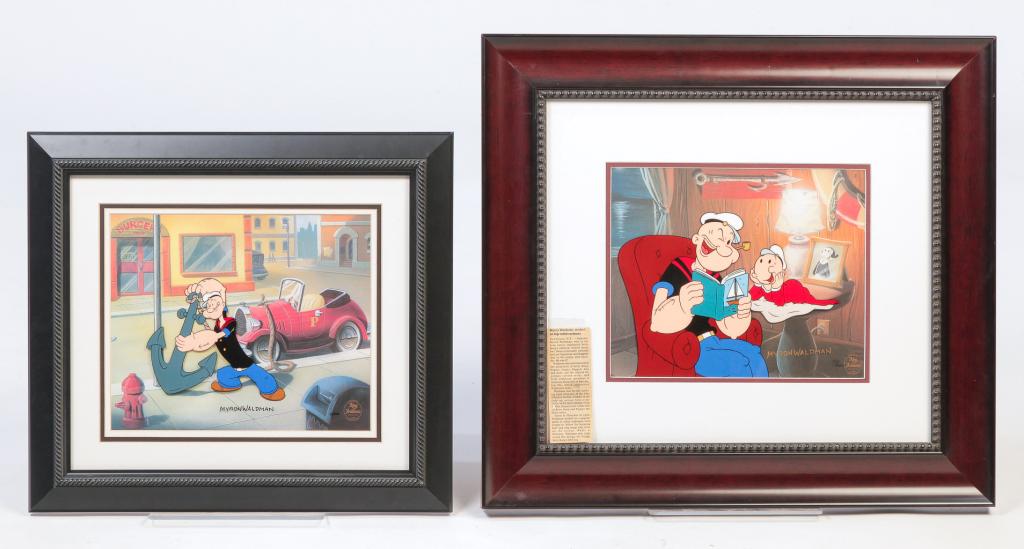 TWO AMERICAN POPEYE CELS.: "Anchor Parking" #7/500, copyright 2000 with certificate authenticity. 17.5"h. 19.5"w. And Popeye reading to Sweet Pea #107/500 copyright 2000. 22"h. 24"w. Framed sizes.