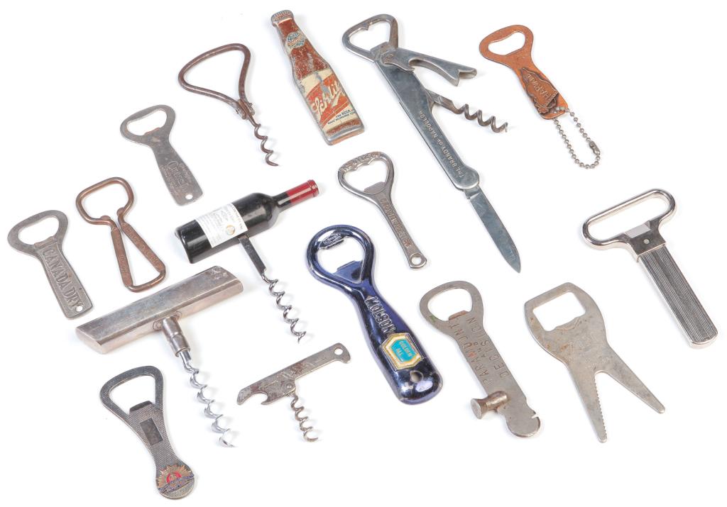 GROUP OF CORKSCREWS AND BOTTLE OPENERS.: Mostly American, some English, 20th century. Sixteen including plain, advertising, and Harvard. Wear.