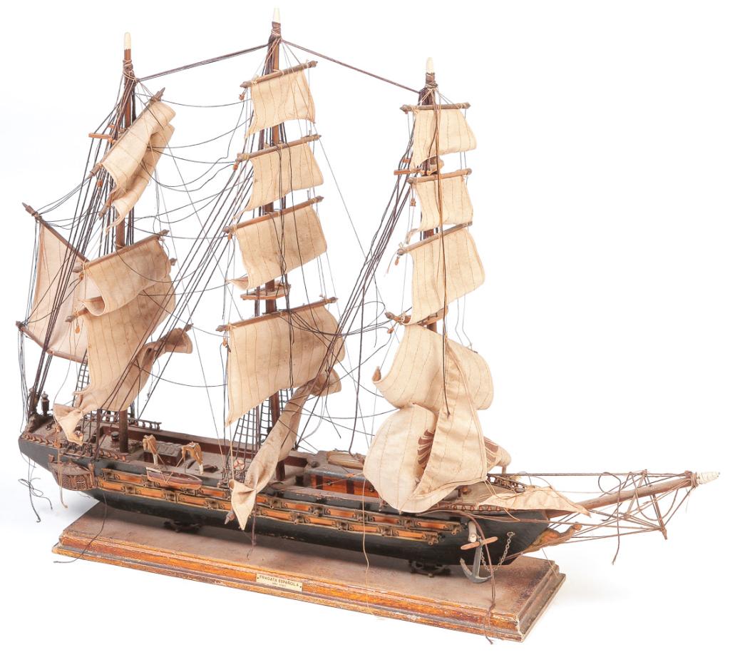 EUROPEAN SPANISH FRIGATE MODEL.: Twentieth century. Model of ca. 1780 warship with double gun deck. Considerable rigging damage. 25"h. 32"l. 5"w.