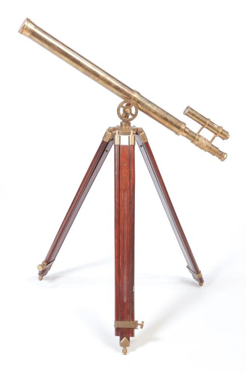 EUROPEAN BRASS TELESCOPE ON TRIPOD.: Late 20th century. Double tube harbor scope with brass and mahognay tripod base. Tubes are 39", 8.5"l.