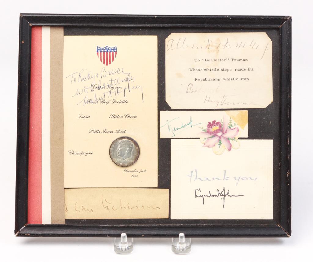 FOUR AMERICAN POLITICAL SIGNATURES.: Mid 20th century. Hubert H. Humphreys on a menu with 1964 Kennedy half dollar attached, Dean Acheson, Albin Barkley on typewritten card "To Conductor Truman, whose whistle stops made the Republican's 