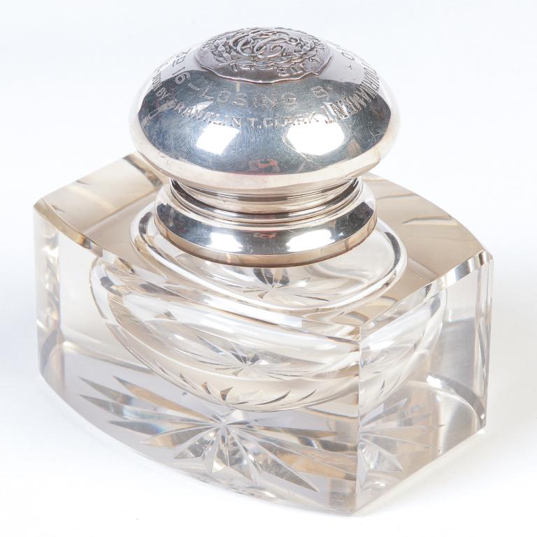 AMERICAN TROPHY INKWELL.: Glass inkwell with "sterling" cap inscribed "First President's Cup Tournament Aug. 1910..." 3.75"h. 4"w.