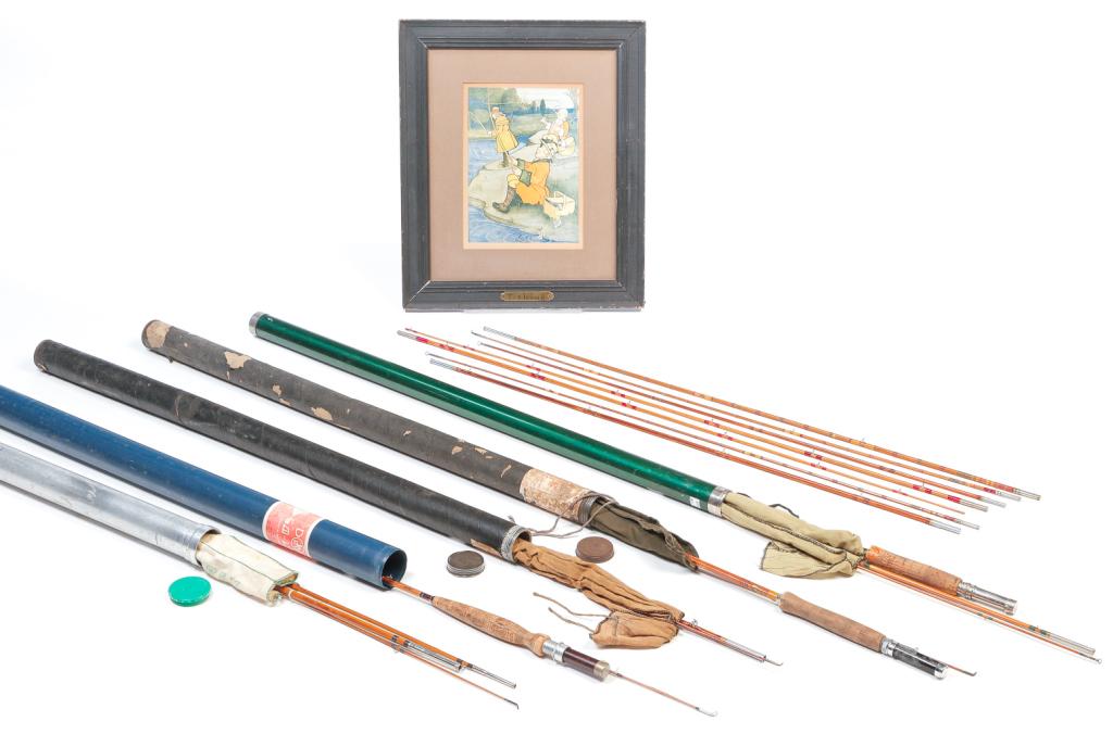 GROUP OF AMERICAN FISHING ITEMS.: Twentieth century. Custom two piece cane fly rod by Mike Riedal, Sun Valley, Idaho, 7'6"l., "Mr. Tom Montague" split bamboo fly rod, 9"l., South Bend model 47 split bamboo fly rod (3/2), Shakespeare m