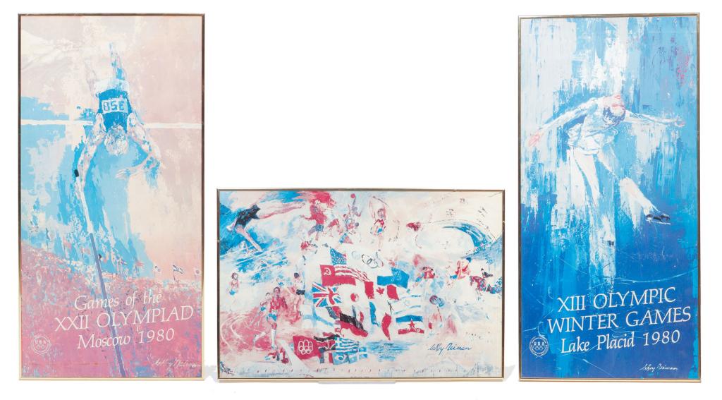 THREE LEROY NEIMAN OLYMPICS PRINTS.: Fourth quarter 20th century. 21st Summer games 1976, 20.25"h. 30.25"w., 1980 Winter games, 37.25"h. 18.5"w. and 1980 Summer games, 37.25"H. 28.5"w.
