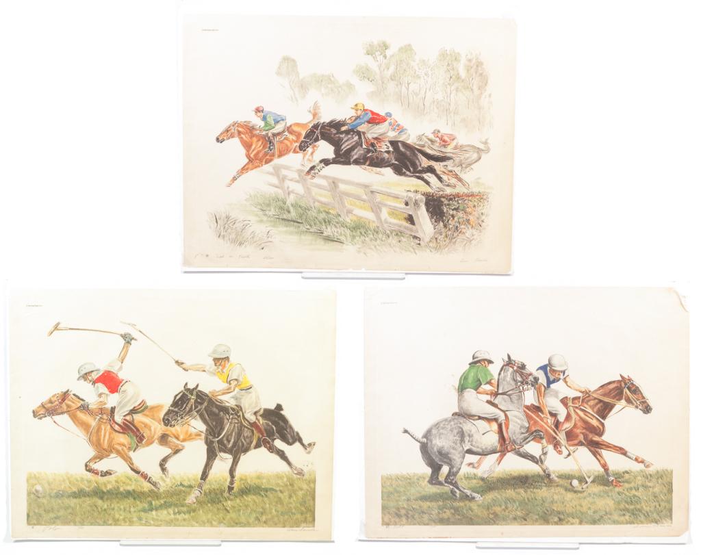 THREE LOUIS CLAUDE POLO PRINTS.: American, mid 20th century. Published by "Paris Etching Society NY - USA". Signed. "Polo" 124/200, "Polo" 124/200 and "Saint du Brook" 113/250. 20"h. 25.5"w.