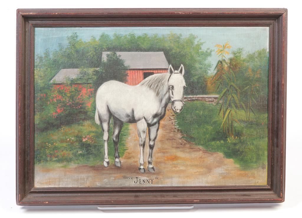 PAINTING OF HORSE "JENNY".: American school, late 19th century. White mare in a barnyard with trees and cornstalks. 13.5". 20"w., walnut frame, 16.5"h. 23.5"w.
