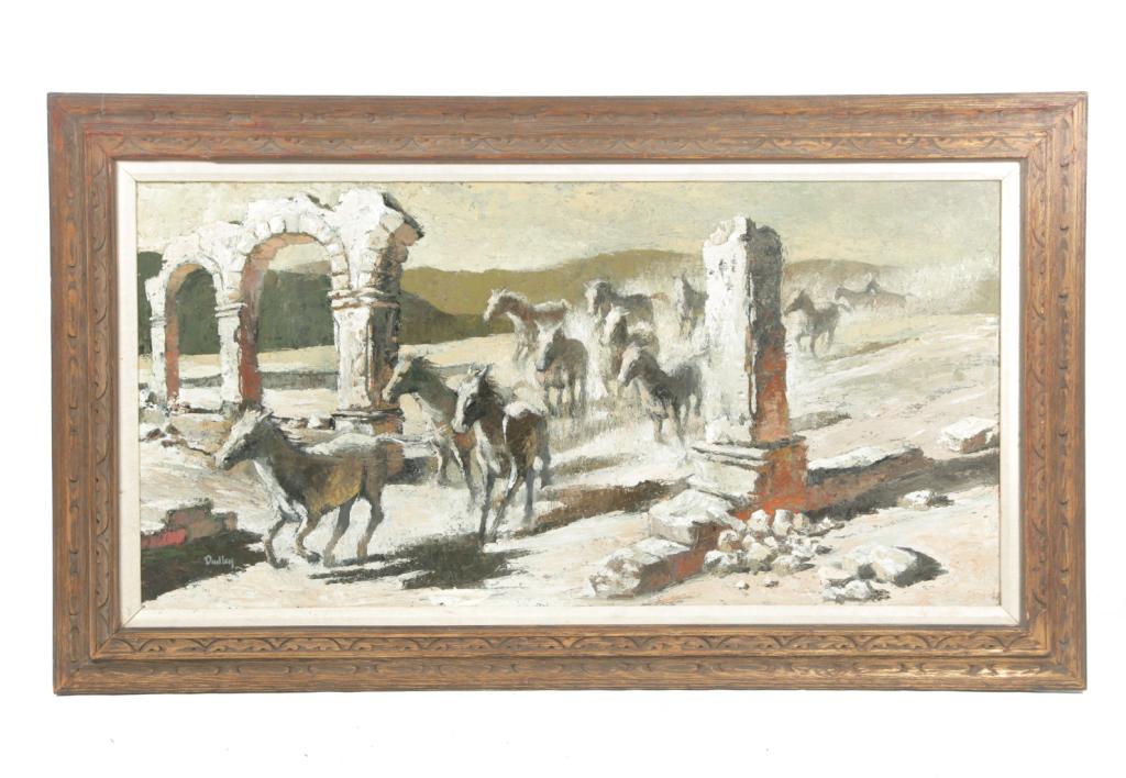 LANDSCAPE "THE INHERITORS" BY JACK DUDLEY.: American, 1918-1996. Oil on masonite, signed lower left corner. Horses running through ruins. Tag "Desert-Southwest Art Gallery, Palm Desert, California" with title, artist and date September 1966. 24