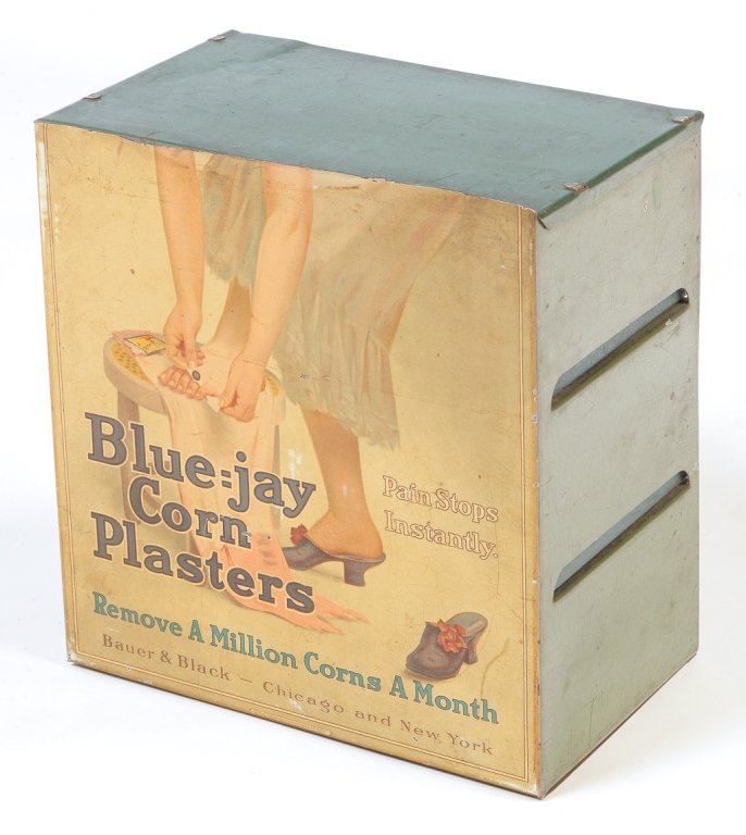 AMERICAN BLUE JAY ADVERTISING STORE BIN.: Second quarter 20th century. Lithographed front "Blue Jay Corn Plasters, Pain Stops Instantly Remove a Million Corns a Month, Bauer & Black - Chicago and New York". Three cardboard drawers in back wit