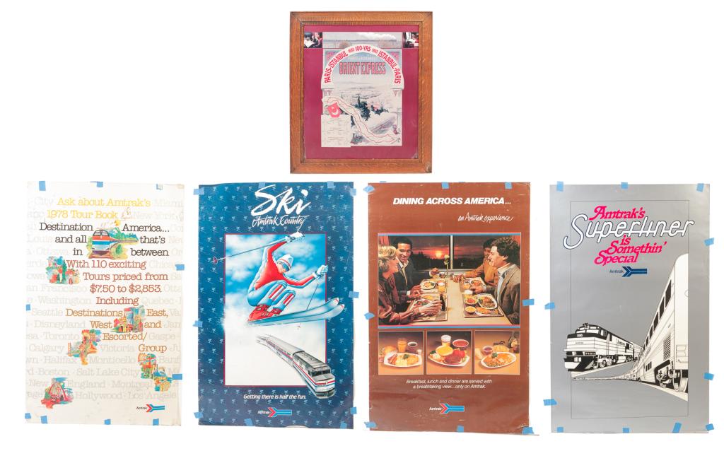 FIVE RAILROAD POSTERS.: Twentieth century. Four are Amtrak. "Super Liner, Ski Amtrak Country, Dining Across America, Amtrak Destinations", 39.5"h. 25"w. And a framed Orient Express 100th Anniversay 1883-1983. 29.5"h. 25.5"w.