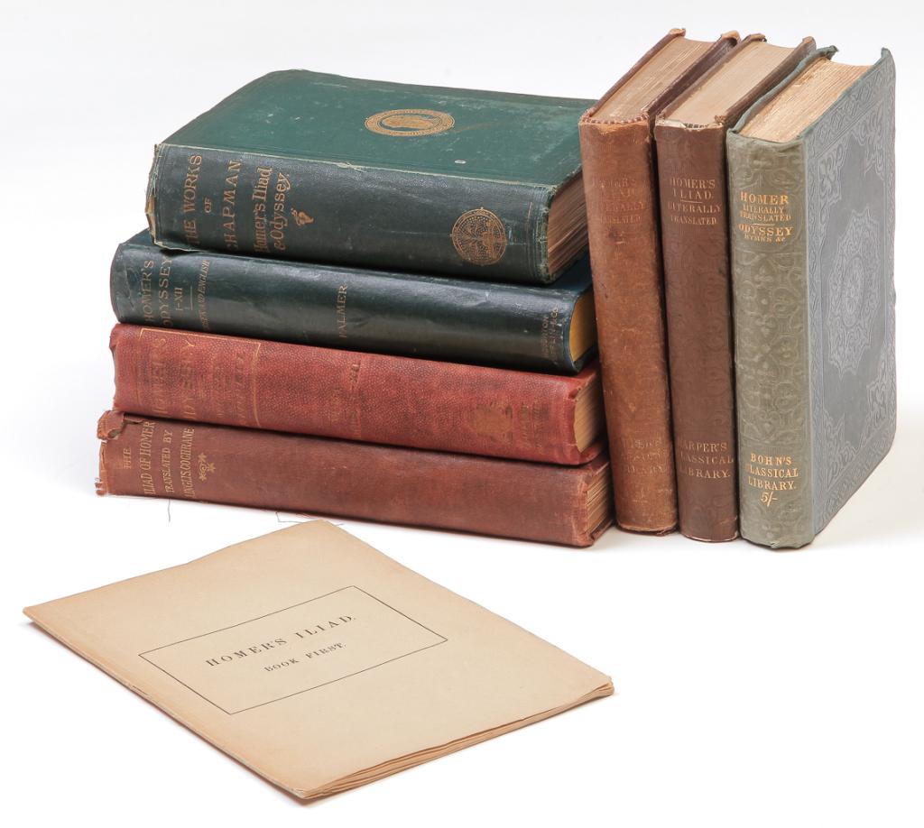 EIGHT VOLUMES OF HOMER.: "The Odyssey of Homer" by Theodore Alois Buckley, Henry G. Bohn, London, 1853. "The Iliad of Homer" by Theodore Alois Buckley, Harper and Brothers, New York City, 1871. "The Iliad of Homer" by Theodor