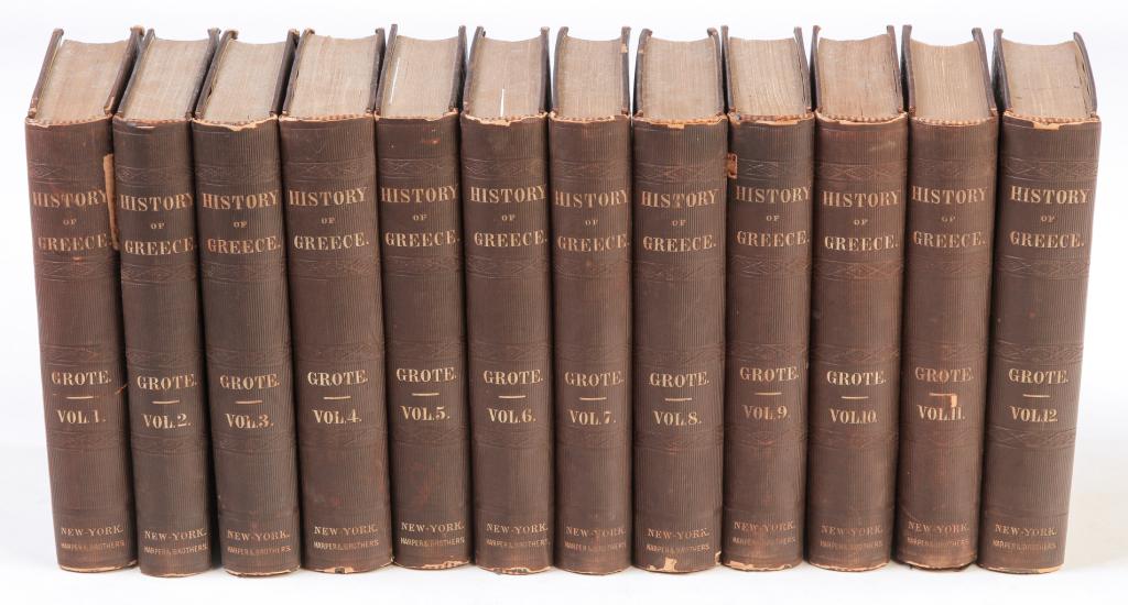 HISTORY OF GREECE IN TWELVE VOLUMES BY GROTE.: History of Greece by George Grote, Esq. Twelve volumes reprinted from the second London Edition Published by Harper & Brothers in New York, 1856. Covers have embossed image of Athena. Period Norfolk,V