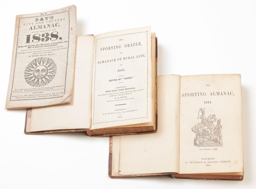 THREE ALMANACS INCLUDING SPORTING.: "The Sporting Almanac" printed in London. Published London, E. Churton, 1841. And "The Sporting Oracle, and Almanack of Rural Life", for 1841. Edited by "Vates" and printed in London. Includes twelve 