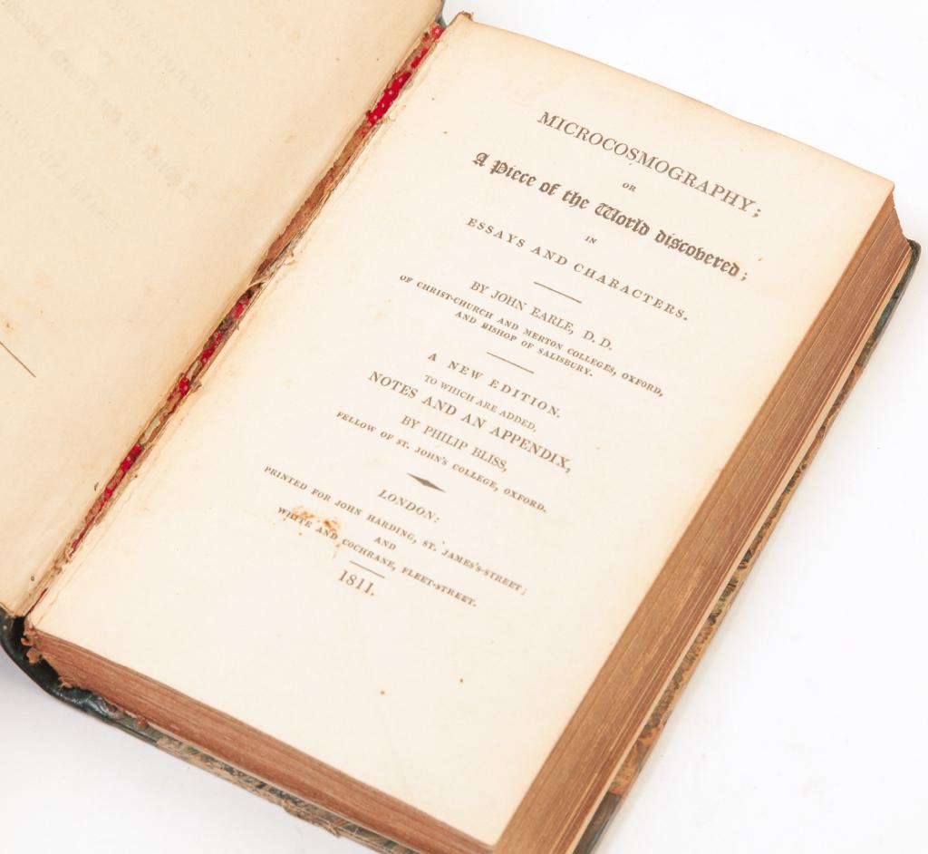 "MICROCOSMOGRAPHY" BY JOHN EARLE D.D.: "Microcosmography or A Piece of the World Discovered". "A New Edition" with added notes. Printed London, by Harding and Wright, 1811. Marbelized paper cover. Wear.