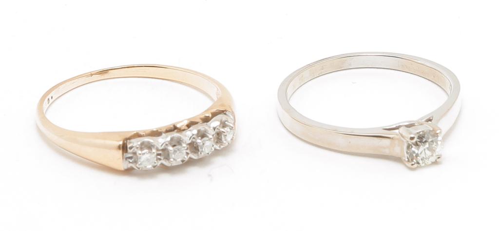TWO 14 KARAT GOLD DIAMOND RINGS.: American, 21st century. Stamped 14K white gold diamond solitaire ring, one old European cut diamond approx. .26ct., clarity VS, color I/J, size 7. Stamped 14K yellow gold 4-stone diamond ring, total w