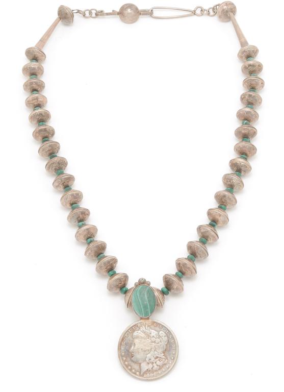 NAVAJO MERCURY DIME AND MALACHITE NECKLACE.: Native American, mid-late 20th century. The silver coin and malachite necklace comprised of thirty-four Mercury head dimes domed and soldered to create thirty-four beads separated by malachite roundel
