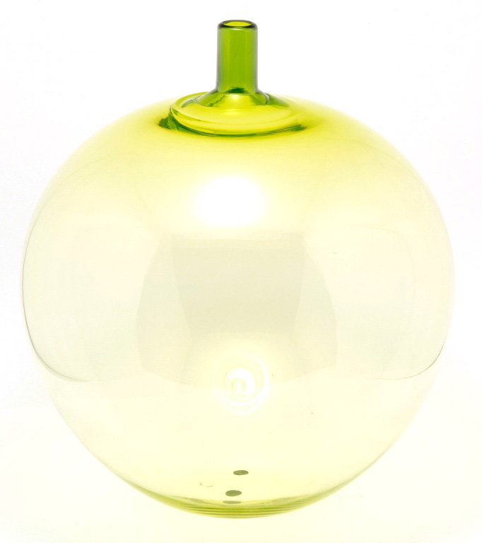 ORREFORS APPLE GREEN EXPO VASE BY LUNDIN.: Second half 20th century. Signed "Orrefors, Expo, P32-57 Ingeborg Lundin". Spherical shape with half post neck. 15"h.