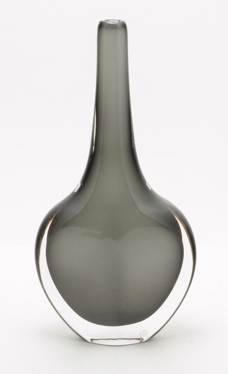 SWEDISH ORREFORS STICK VASE.: Late 20th century. Numbered "NV35-88-138". Dark smoke color cased in clear. 9.75"h.