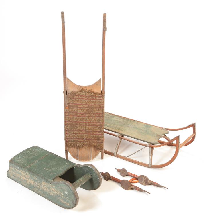 THREE AMERICAN SLEDS AND PAIR OF ICE SKATES. (1 of 6)