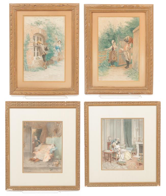FOUR AMERICAN PRINTS.: Late 19th century. Two after Leon Girardet, a lady receiving a letter from a soldier and a young man peeking in a window being observed by a young lady. 18"h. 13.5"w. And two interior courting scenes,