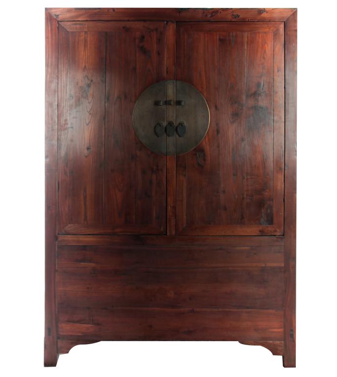 CHINESE CABINET.: Late 19th century, elm. Mortised construction. Two doors with brass moon escutcheons, interior has dovetailed drawers, shelf and bottom compartment with removable lid. Refinished with some repair. 67.