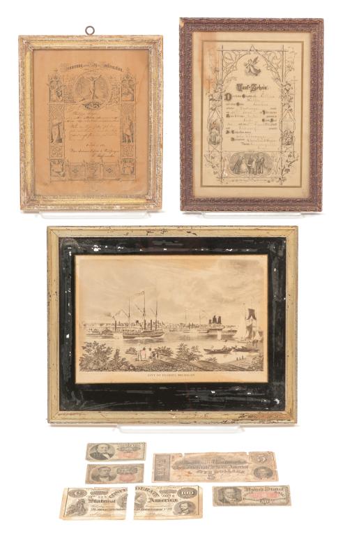 THREE FRAMED PIECES AND FIVE PIECES OF CURRENCY. (1 of 8)