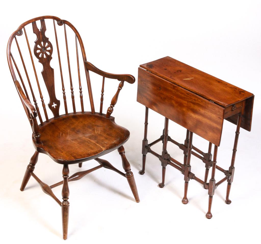 DROP LEAF TABLE AND ARMCHAIR. (1 of 4)