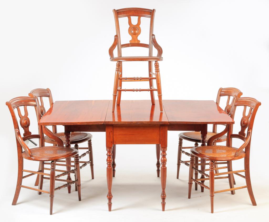 AMERICAN SHERATON TABLE AND FIVE CANE SEAT CHAIRS. (1 of 6)