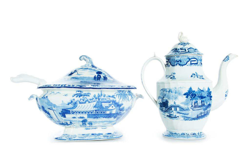 TWO PIECES OF BLUE AND WHITE TRANSFERWARE. (1 of 9)