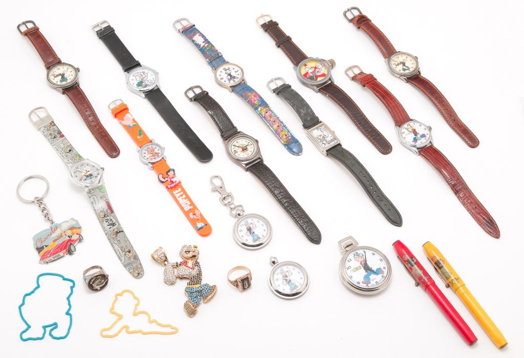 LARGE GROUP MOSTLY VINTAGE POPEYE WATCHES. (1 of 9)