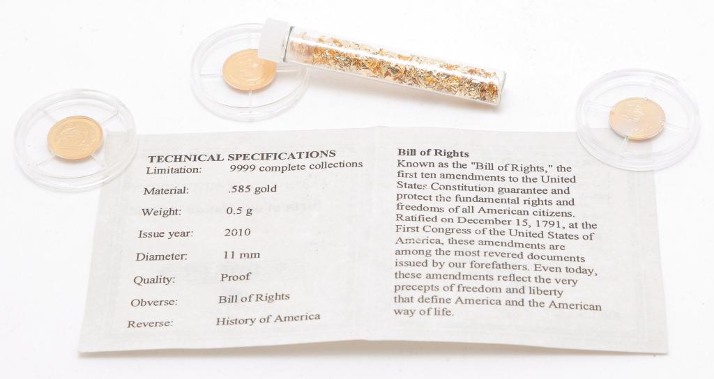 THREE BIRTH OF OUR NATION GOLD COINS.: American, 21st century. Three American Mint 14K yellow gold commemorative coins, each .50gr., depicting the Bill of Rights, Mayflower Compact and the Declaration of Independence. All in original hard 