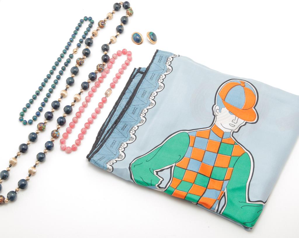 BEADED NECKLACES, PAIR OF EARRINGS, SILK SCARF. (1 of 1)