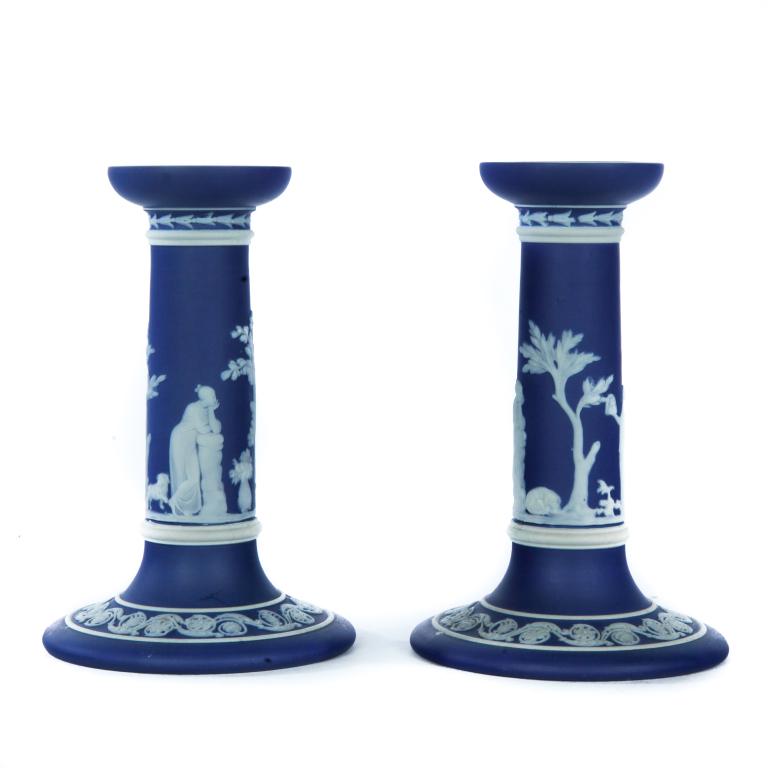PAIR OF WEDGWOOD BLUE DIP JASPERWARE CANDLESTICKS. (1 of 7)