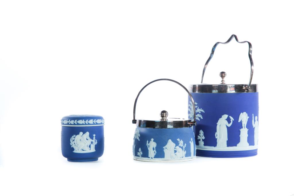 THREE WEDGWOOD BLUE DIP JASPERWARE BISCUIT JARS. (1 of 11)