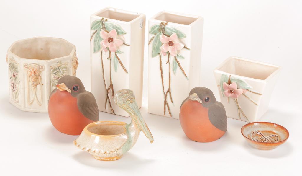 GROUP AMERICAN STUDIO POTTERY.: Twentieth century. Four "McCoy" vases, 4" to 8"h., two "Nicodemus" robins and a dish, and a pelican dish with illegible mark. Some loss.