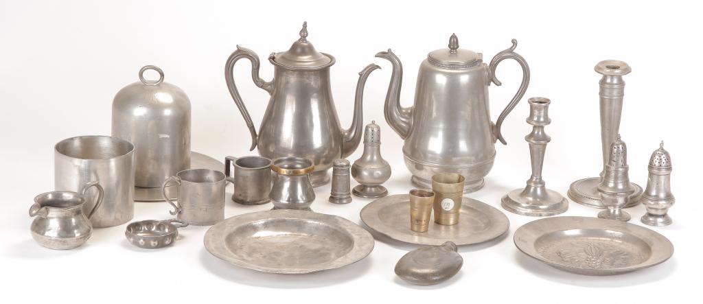 GROUP OF AMERICAN AND EUROPEAN PEWTER.: Nineteenth-20th century. Includes two teapots, one marked "Wm. Lyman", two candlesticks, 8", 6.25"h., salt shaker and three pepper pots, flask, wine taster with French touchmark, "Boardman & Hart, N.