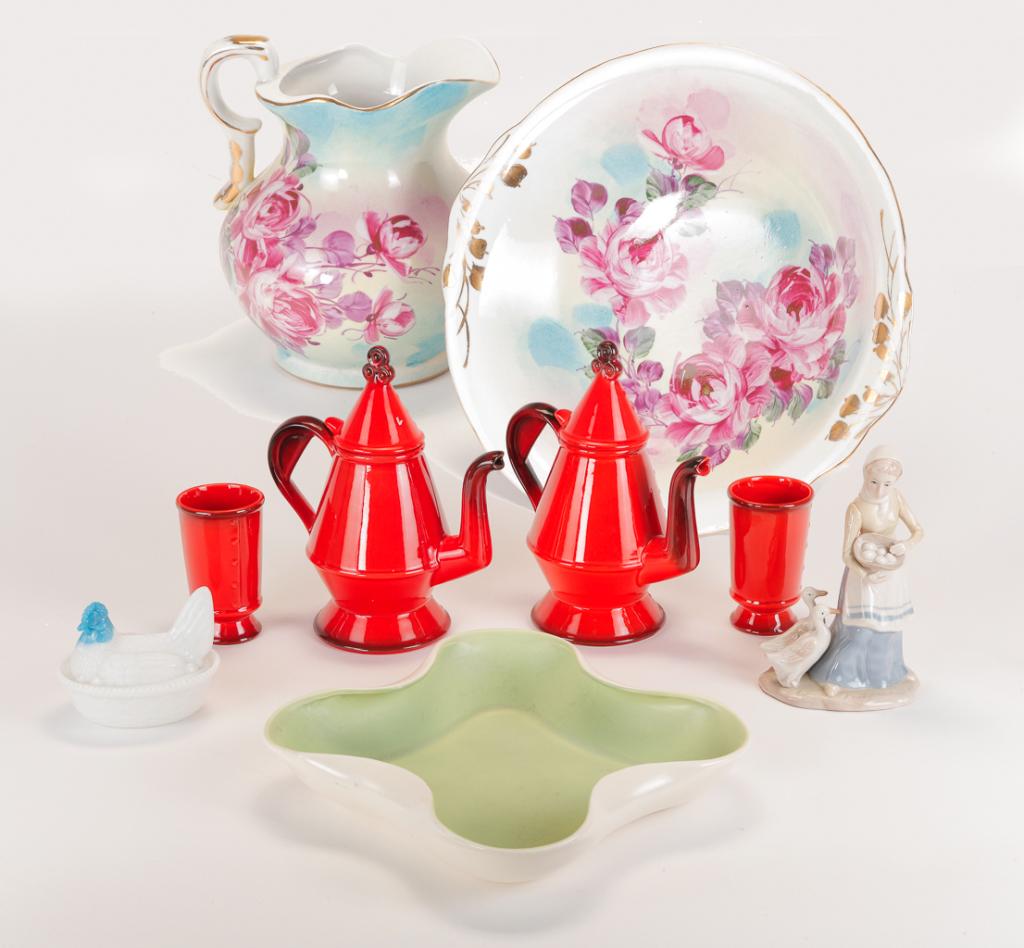 GROUP OF POTTERY AND MILK GLASS HEN.: American and European, late 19th-20th century. "Red Wing" quatrefoil bowl, 2.5"h. 12" x 12", Lladro style porcelain girl with geese, 9"h., "Limoges" hand painted washbowl and pitcher, 10"h. 12"d. over