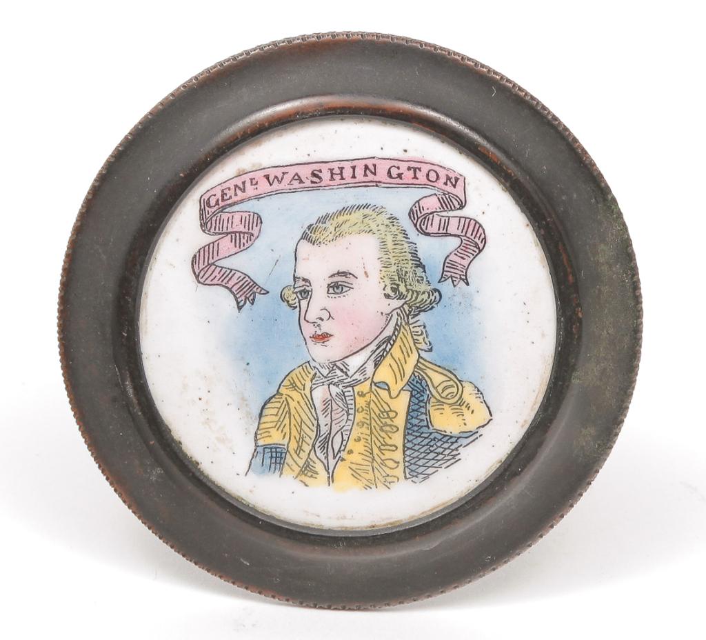 ENGLISH BATTERSEA TIE BACK "GENL. WASHINGTON". (1 of 3)