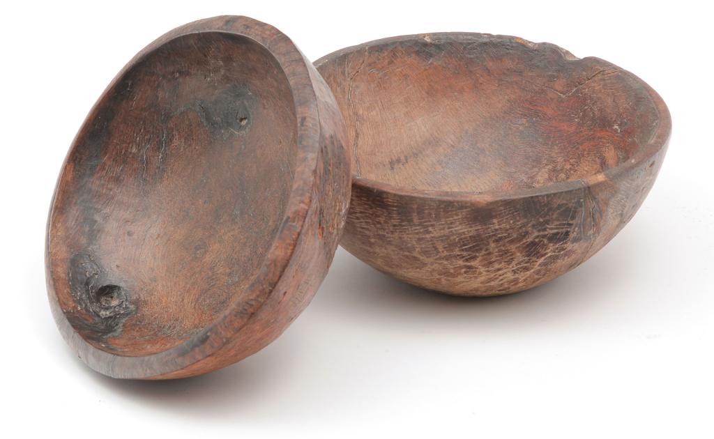 TWO ENGLISH OAK BURL BOWLS. (1 of 4)